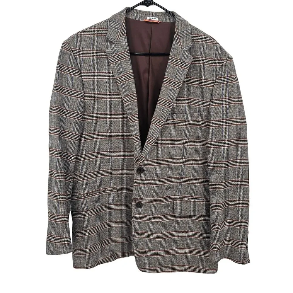 Crown & Ivy Brown Blue Plaid Cotton Two Button Elbow Patch Blazer Jacket Men 46R